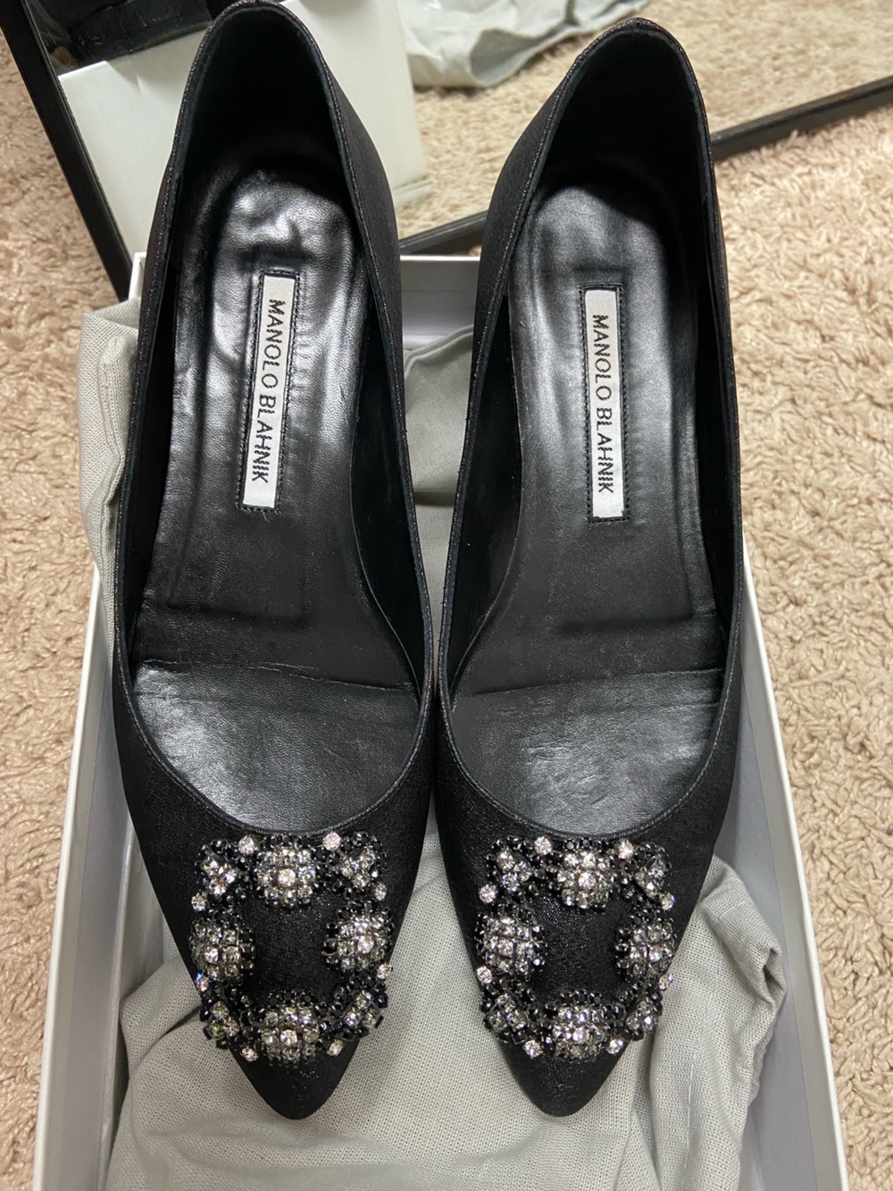 Manolo Blahnik Black Crystal-Embellished Satin Flats